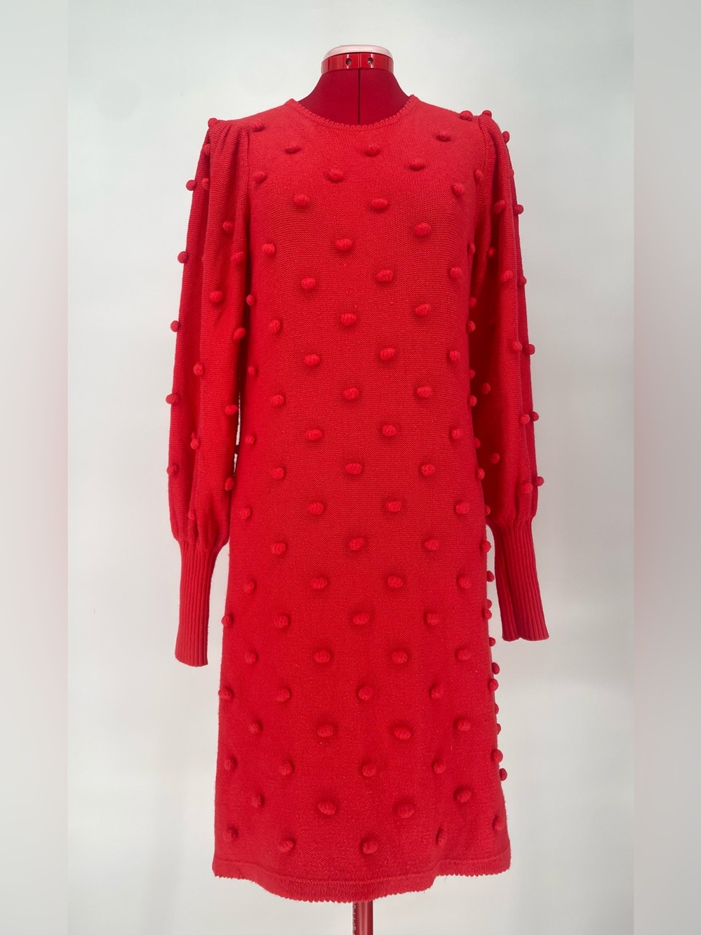 Lilly Pulitzer Red Pom Pom Knit Sweater Dress Puffy Long Sleeves Fitted Cuffs - Picture 5 of 9